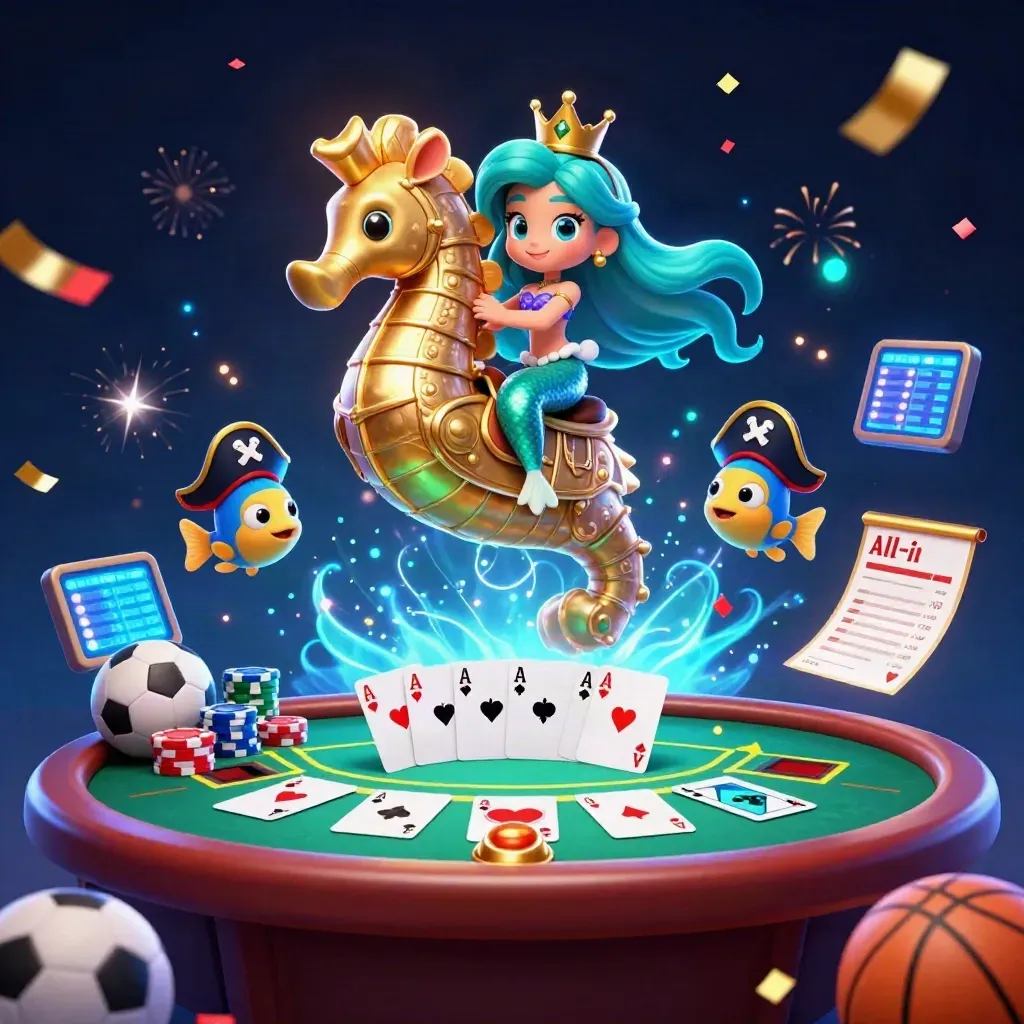 Mermaid princess on golden seahorse amid poker chips, cards, and neon casino magic in dark blue glow.
