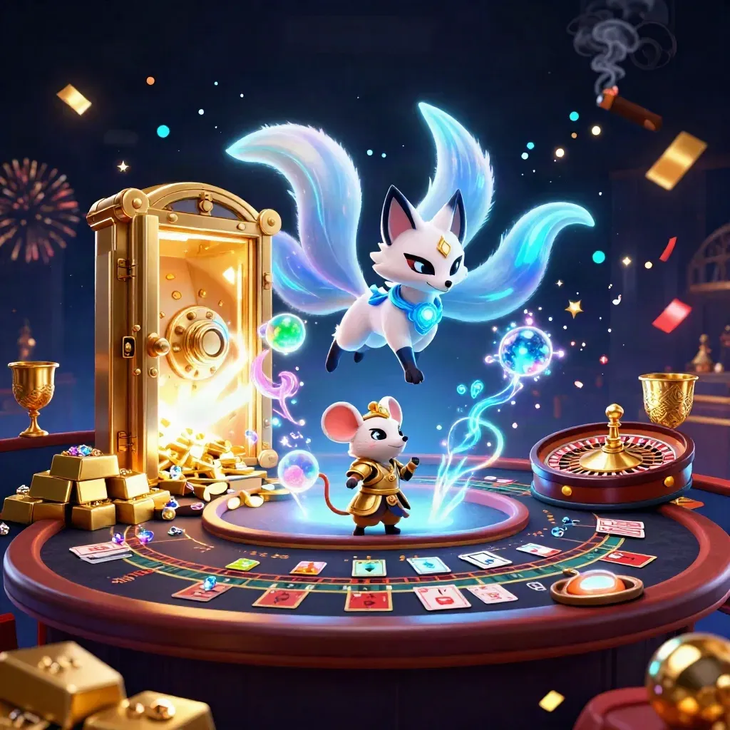 Neon fox spirit and armored mouse amid open vault gold, cards, roulette, and casino lights