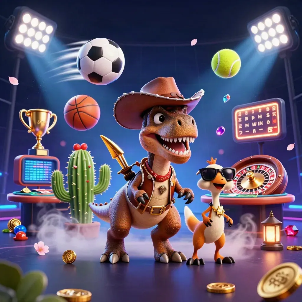 Cowboy T-Rex, cactus sidekick, and roadrunner in a neon casino with sports balls and gold.