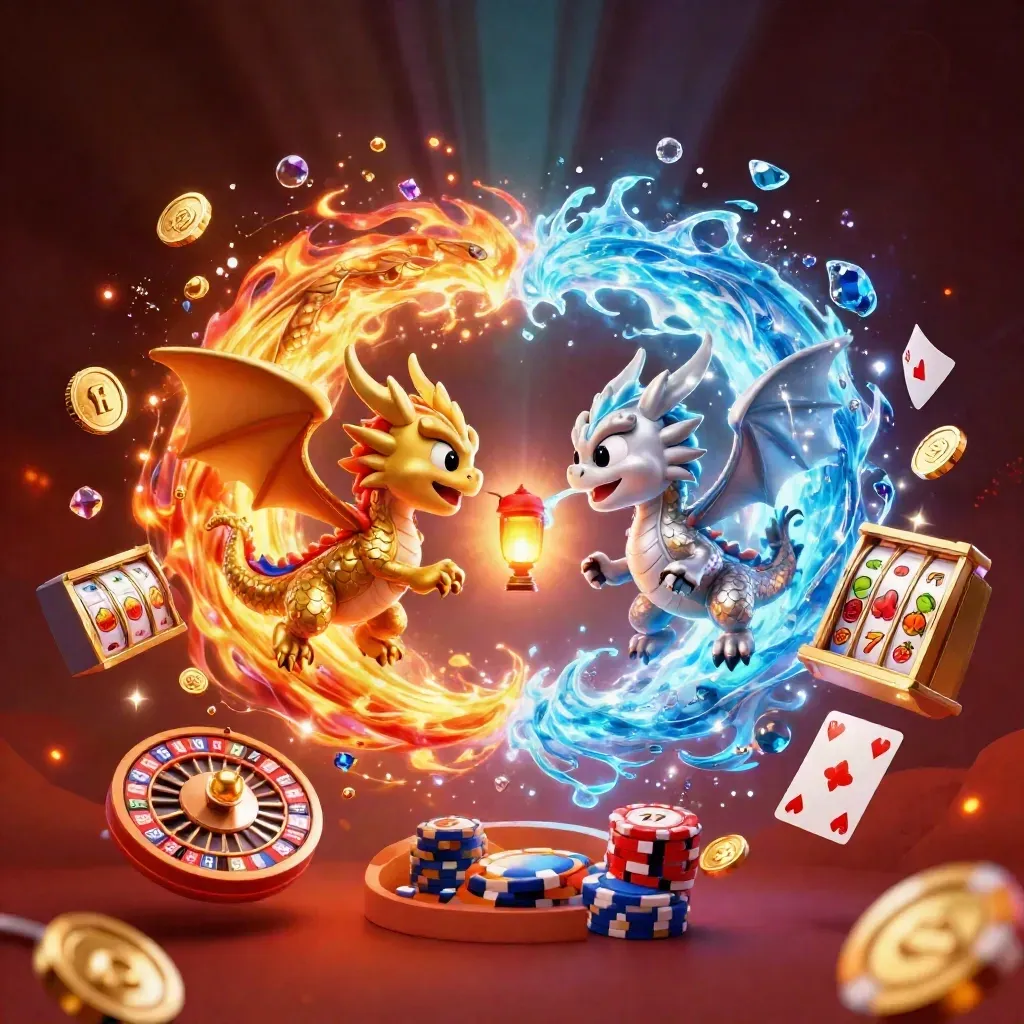 Twin gold and silver dragons spiral with coins, gems, chips, cards and a glowing lantern spirit.