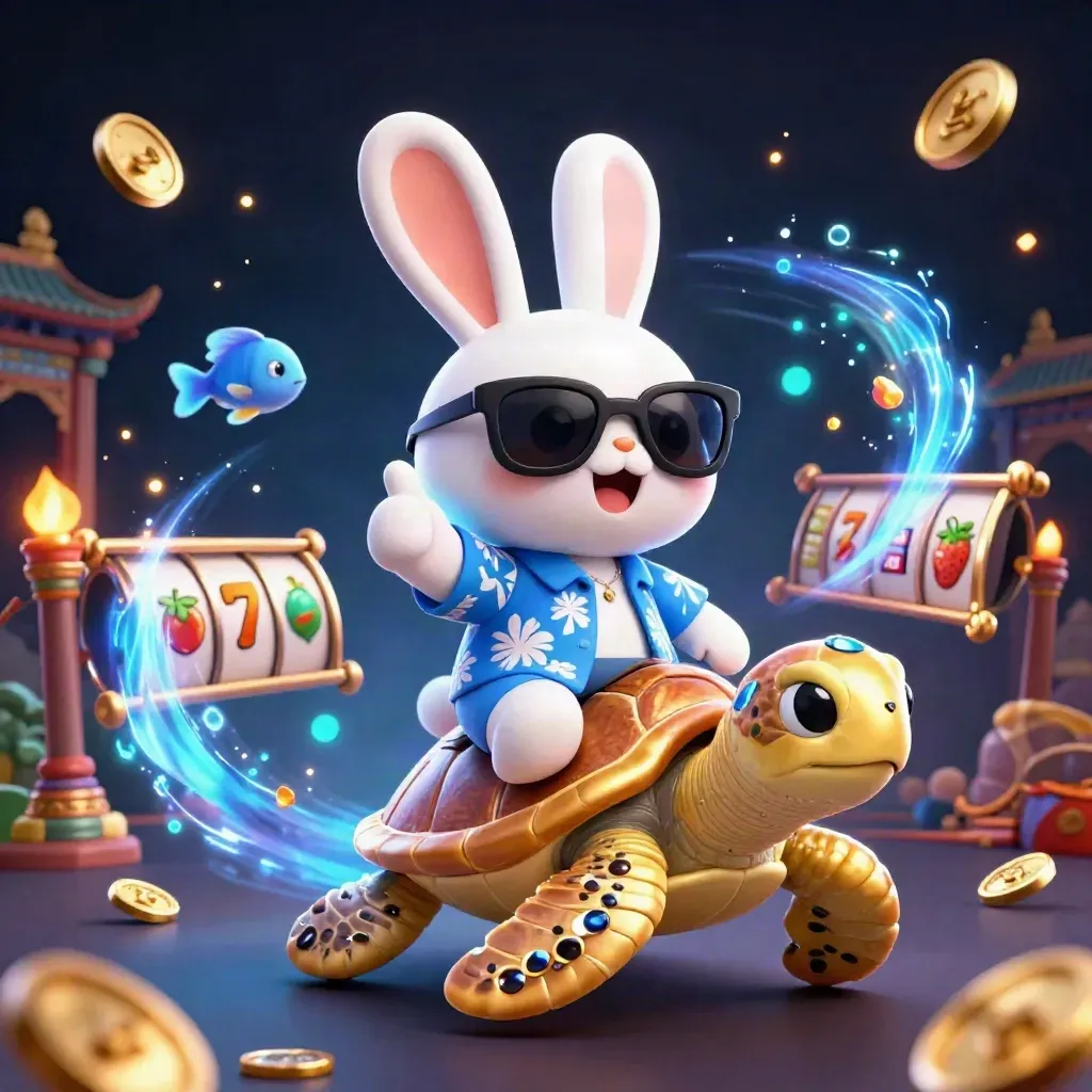 Lucky rabbit rides a golden sea turtle amid casino treasure, blue glow, fish, and bokeh.
