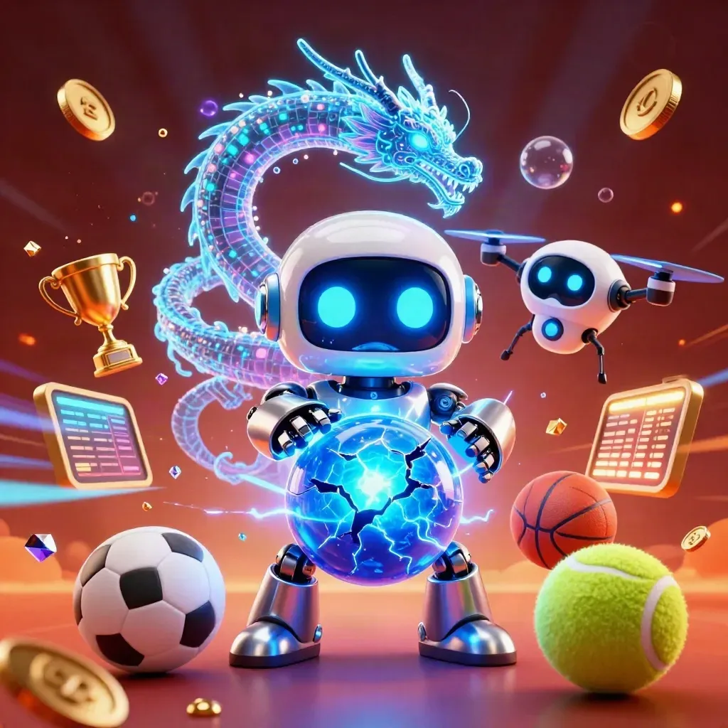 Cyberpunk robot, holographic dragon and coin drone burst from a glowing ancient orb with treasure.