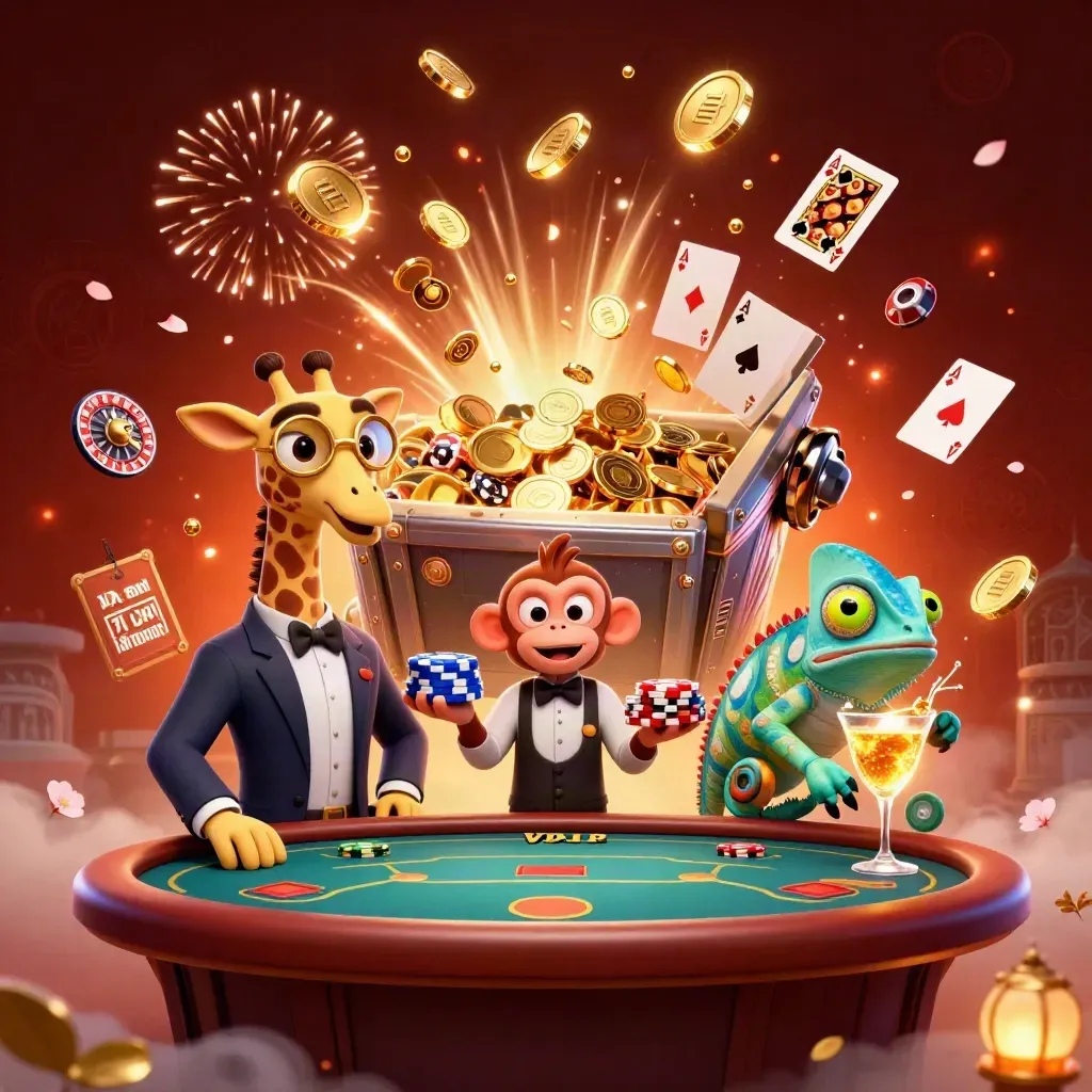 Giraffe high roller, monkey valet, and chameleon bartender amid bursting treasure and casino energy.