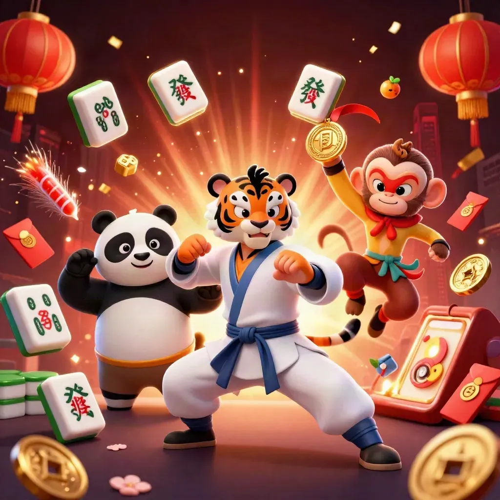 Tiger master, panda disciple, and monkey thief burst through casino treasures in blue-lit fantasy art