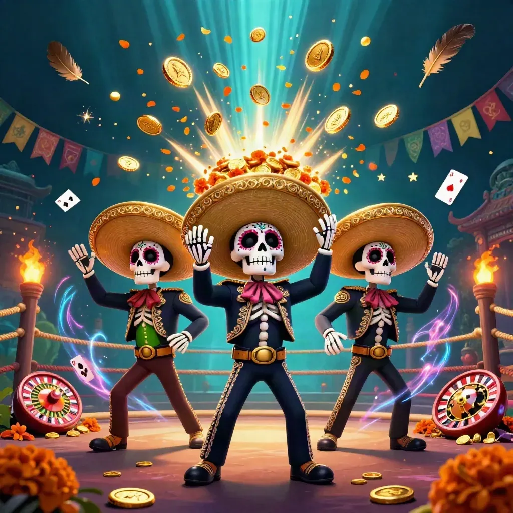 Skeleton mariachi trio amid bursting coins, fireworks, and treasure in a dark casino fantasy scene.