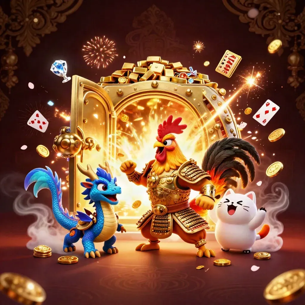 Rooster samurai, dragon hatchling and fortune cat amid a vault burst of gold, gems and fireworks.