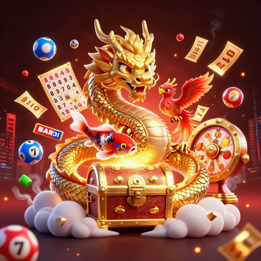 Golden dragon with phoenix and koi amid casino symbols on a dark neon backdrop.