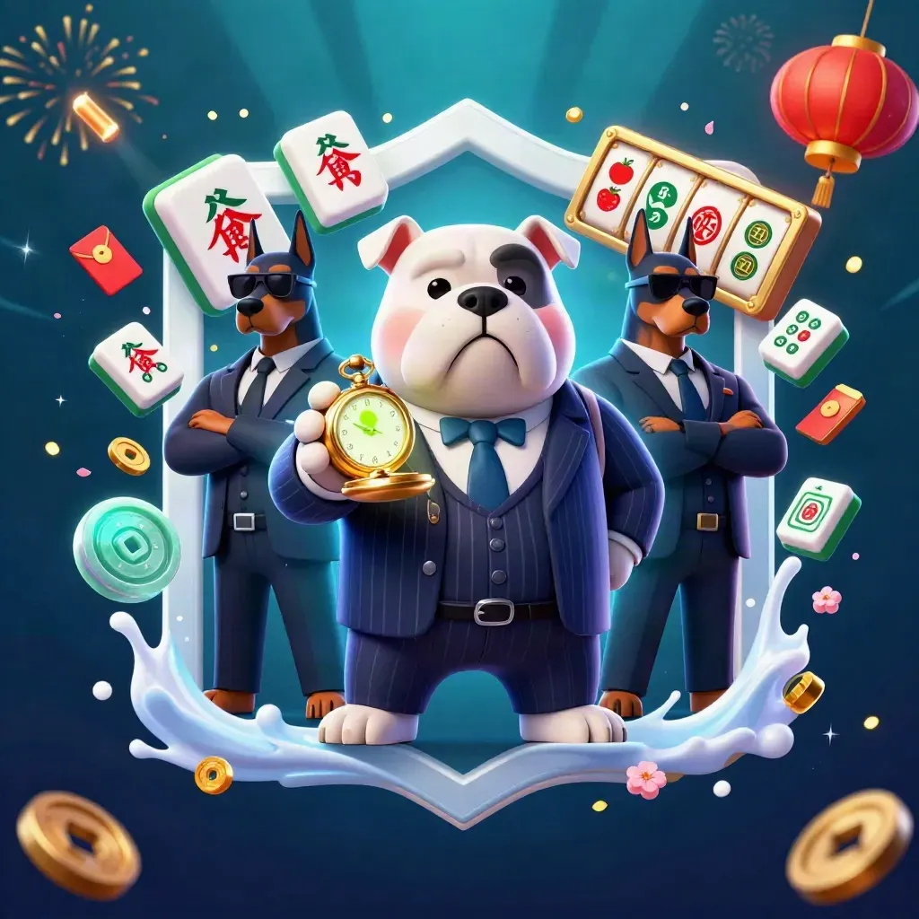 Bulldog mafia boss and two Dobermans amid casino icons, blue-lit underwater gold confetti