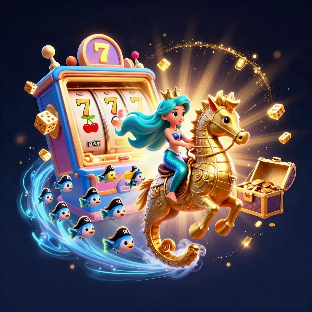 Mermaid princess on armored seahorse amid jackpots, dice, fish, and treasure in a dark neon burst.